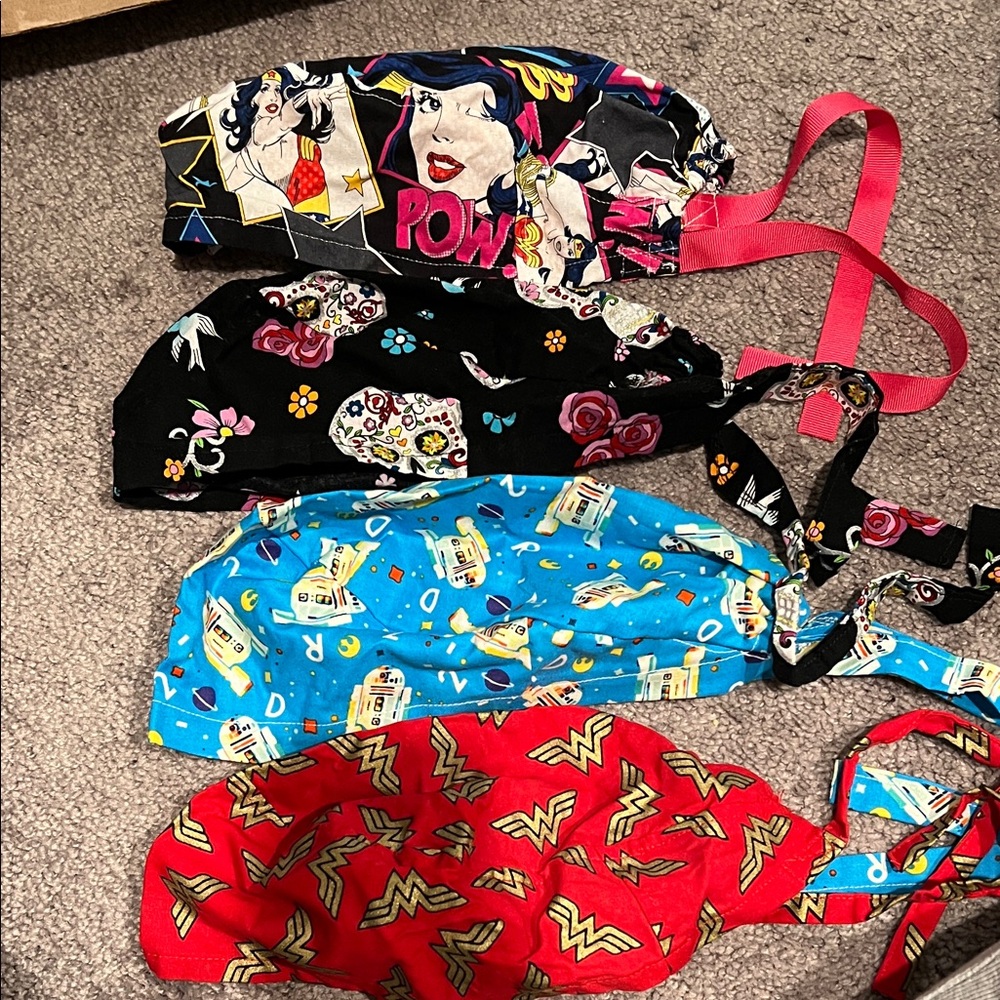 Lot of 4 scrub caps! Like new, some never worn. Bought from Etsy. HANDMADE.